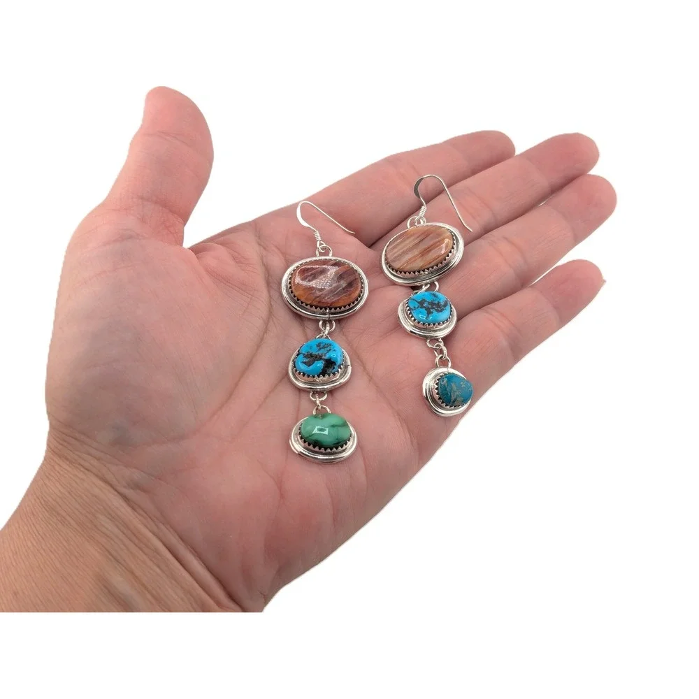 Navajo 3 Stones Drop Dangle Earrings Sterling Silver Handmade Turq‎ Jewelry **